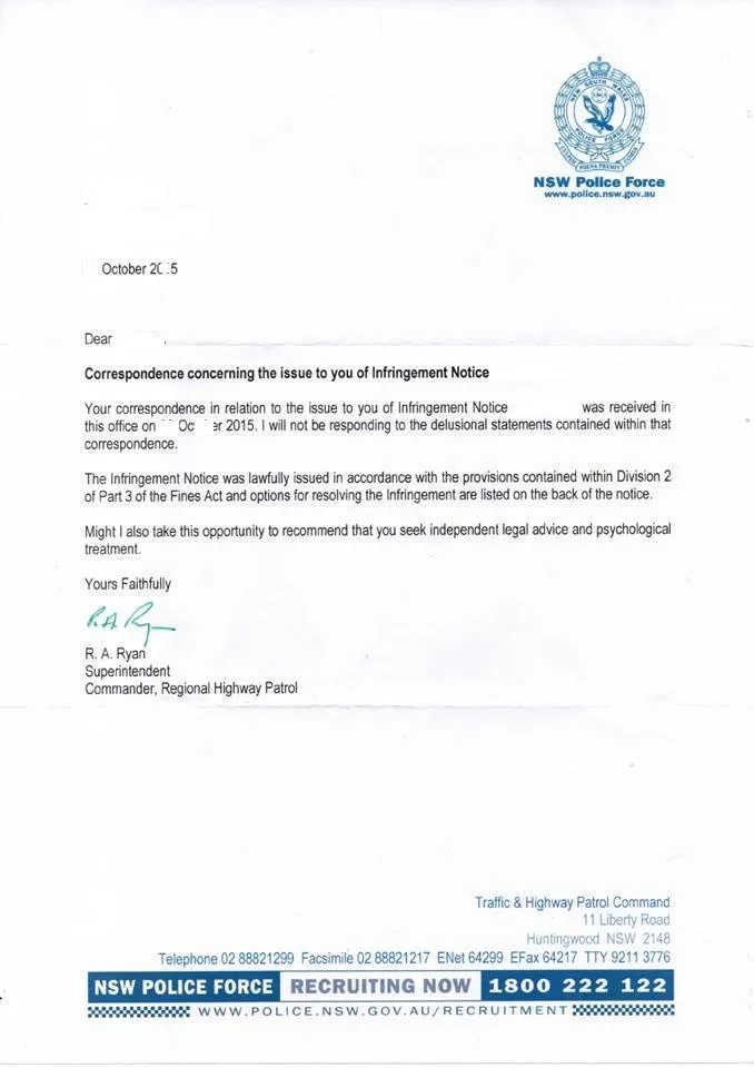 A formal letter from the NSW Police Force, dated October 2015, addressed to an unnamed recipient regarding an infringement…