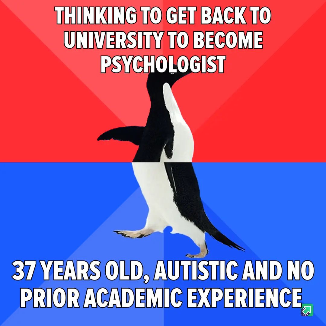 A penguin stands in the center of the image, split by a red and blue background. The top text reads 'THINKING TO GET BACK TO…