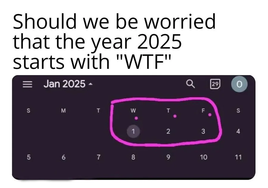 A dark-themed digital calendar showing January 2025, with the first three days of the month (January 1st, 2nd, and 3rd)…
