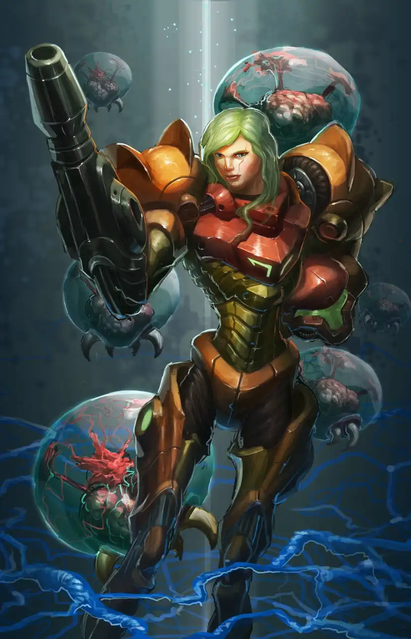 A female character in orange and red armored suit holds a large gun, surrounded by floating glass spheres containing…
