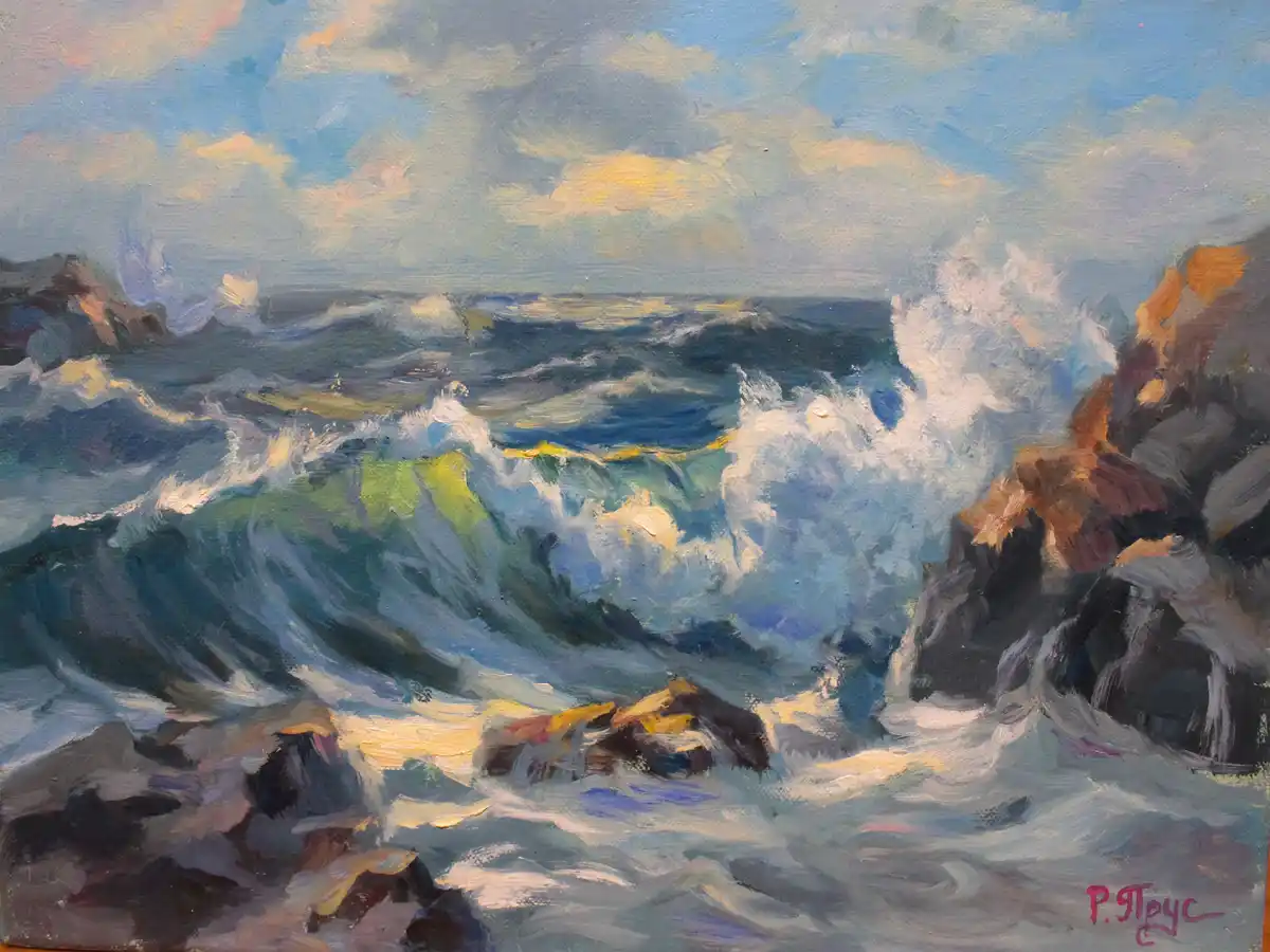 An oil painting depicts turbulent ocean waves crashing against dark, jagged rocks under a cloudy sky with hints of sunlight…