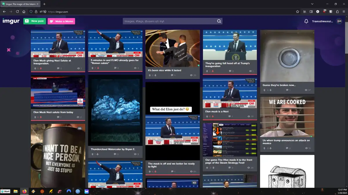 A screenshot of an Imgur page displaying multiple memes, most featuring Elon Musk at a podium with a blue star background…