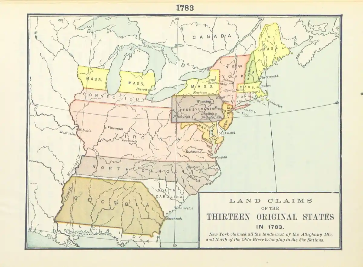 A historical map titled 'Land Claims of the Thirteen Original States in 1783' shows the territorial claims of the original…