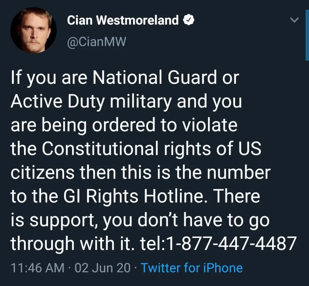 A screenshot of a tweet by Cian Westmoreland, featuring his profile picture and a message advising National Guard or Active…