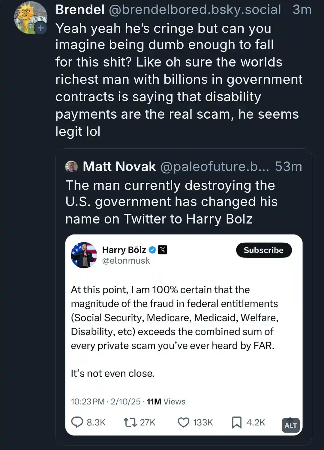 A screenshot of a social media thread shows a user named Matt Novak commenting that 'The man currently destroying the U.S…
