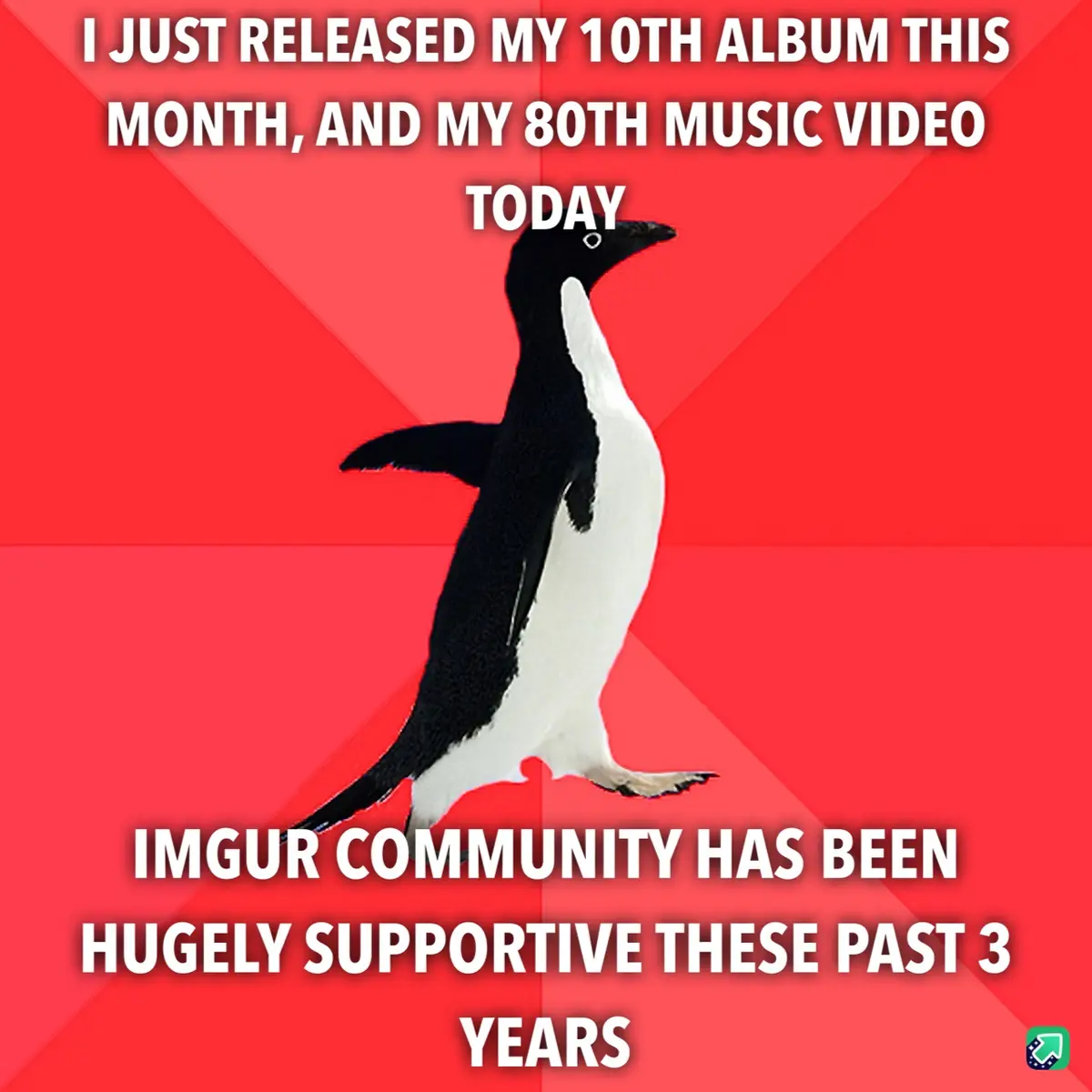 A black-and-white penguin stands against a red background with diagonal stripes. White text at the top reads 'I JUST…