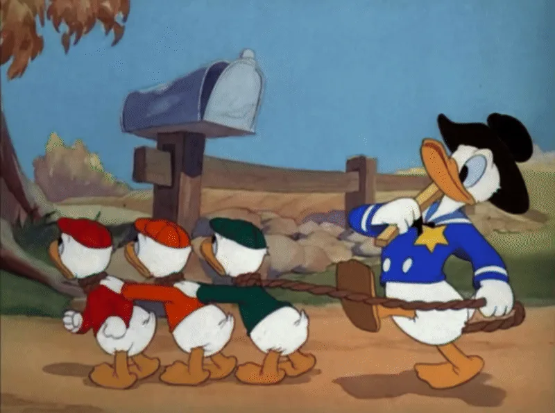 A six-panel comic strip from a classic Disney cartoon shows Donald Duck in a blue sailor uniform with a star and black hat…