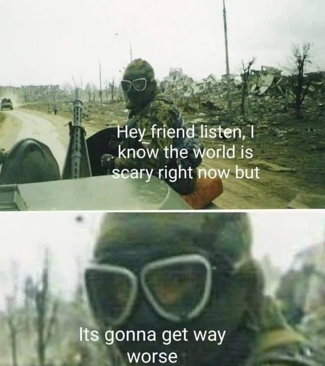 A two-panel image shows a soldier in camouflage and goggles in a war-torn, rubble-strewn landscape. The top panel has text…
