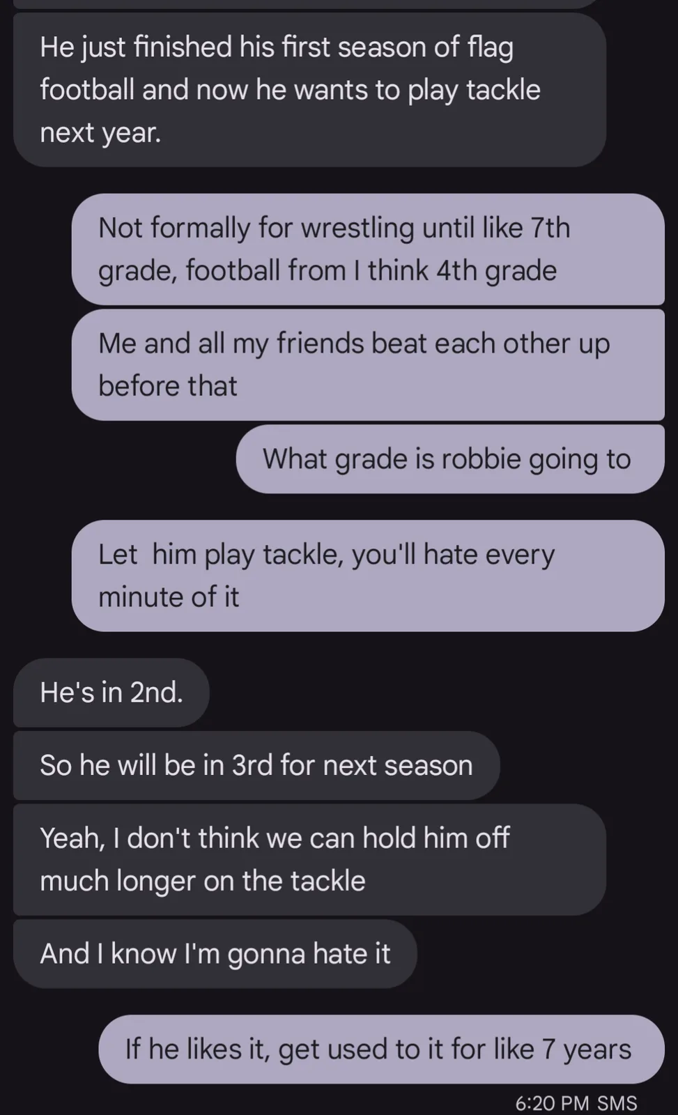 A screenshot of a text conversation where friends discuss a child named Robbie who just finished flag football and wants to…