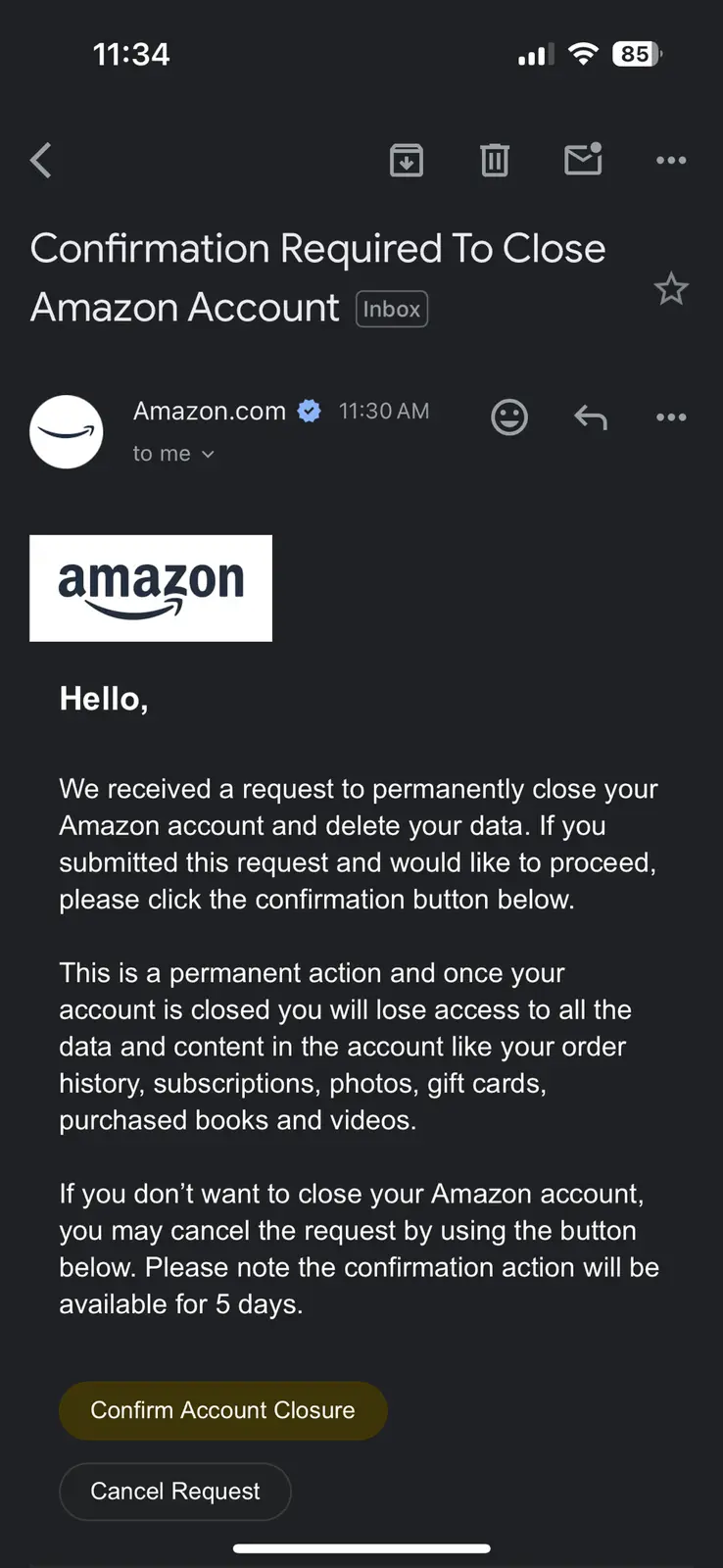A screenshot of an Amazon email titled 'Confirmation Required To Close Amazon Account' shows a message informing the user…