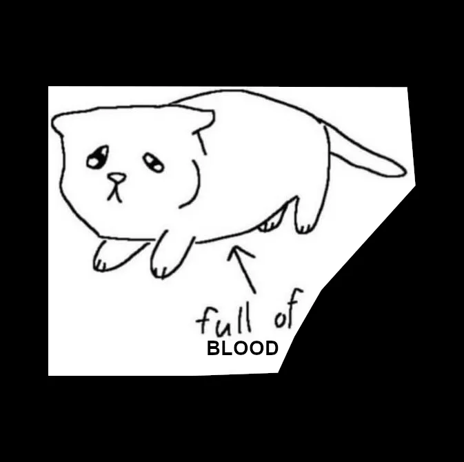 A simple black-and-white line drawing of a plump, cartoonish cat lying on its side, with a handwritten arrow pointing to its…