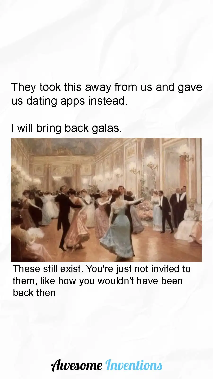 The image shows a vintage painting of a formal ballroom scene with elegantly dressed couples dancing. Overlaid text reads…