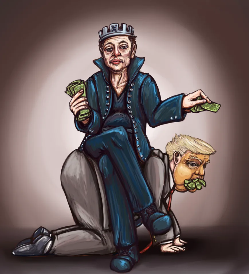 A cartoon depicts a man wearing a crown and a blue coat, sitting atop another man who is kneeling and has a mouthful of…