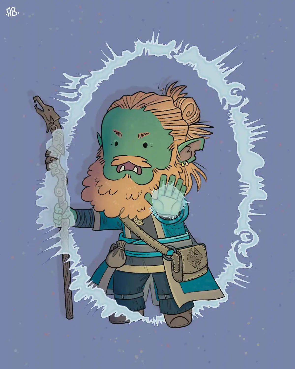 A cartoonish green-skinned, bearded fantasy character with pointed ears, wearing adventurer gear and holding a staff, is…