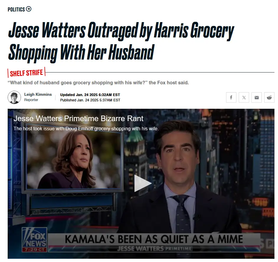 A screenshot of a Fox News article headline reads 'Jesse Watters Outraged by Harris Grocery Shopping With Her Husband,' with…
