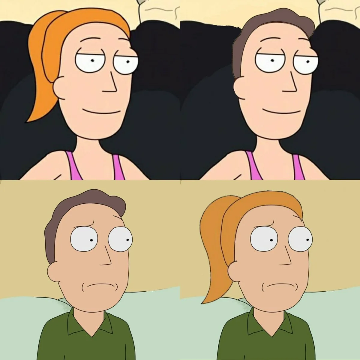 The image is a four-panel meme using characters from 'Rick and Morty'. Top left: a woman with orange hair in a ponytail and…