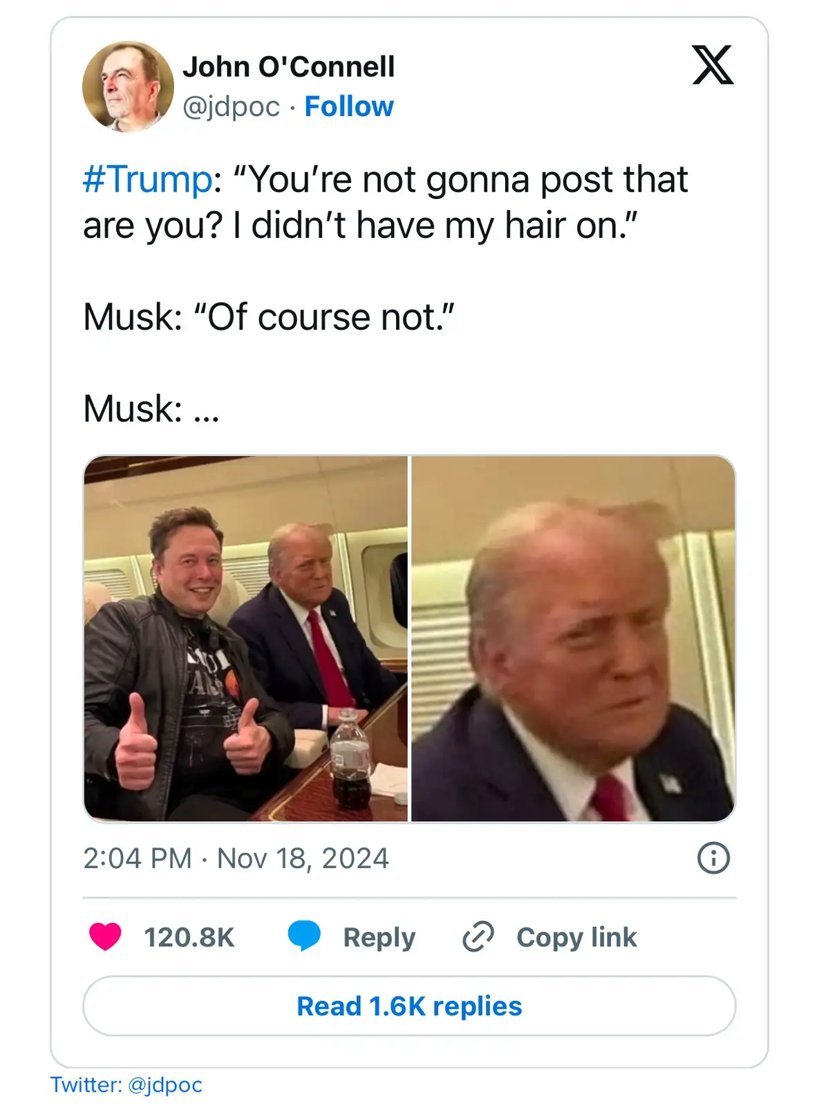 A screenshot of a Twitter post by John O'Connell showing a split image: on the left, Elon Musk giving two thumbs up while…