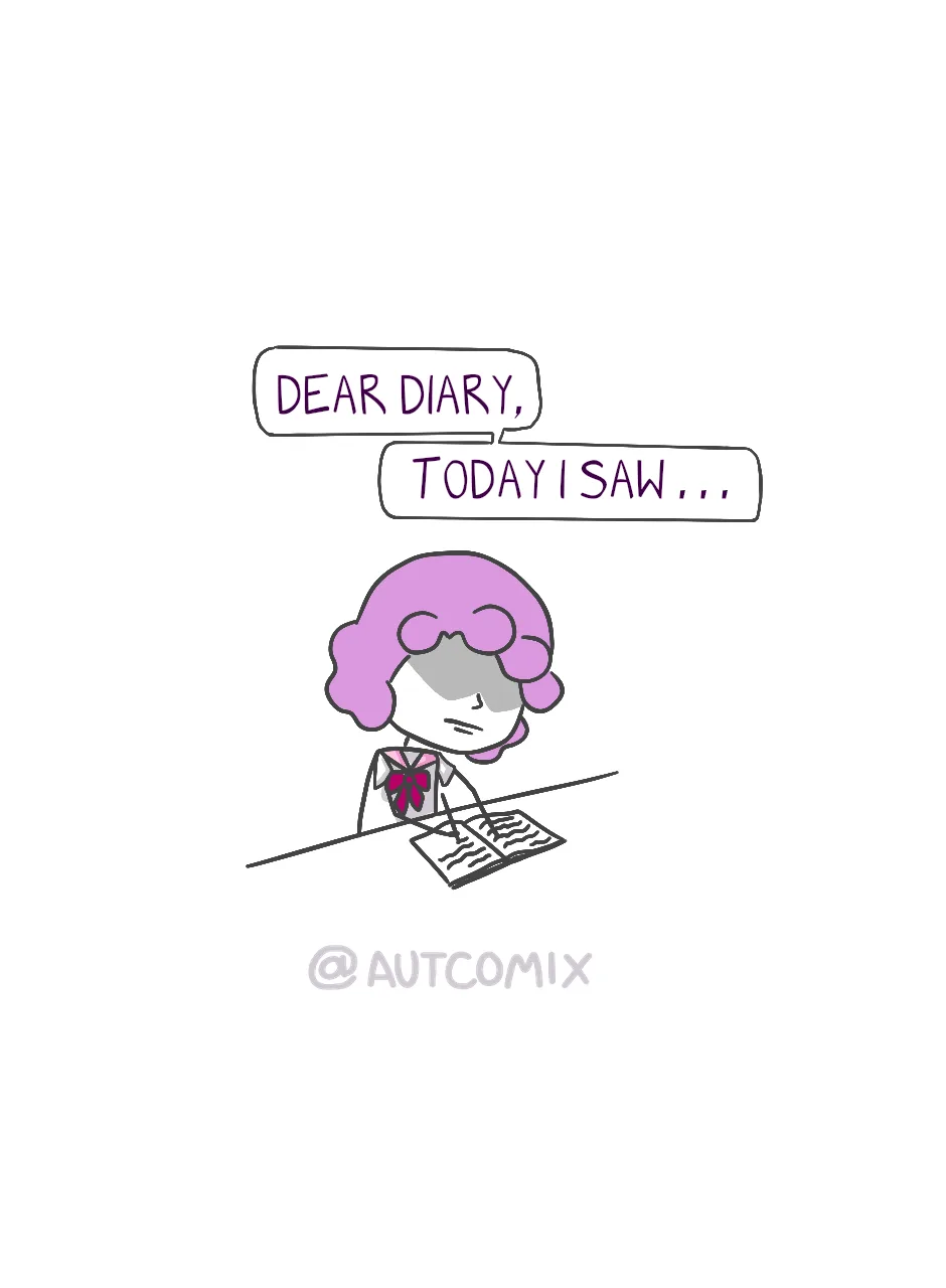 A simple cartoon drawing shows a girl with purple hair and glasses writing in a diary. Two speech bubbles above her read…