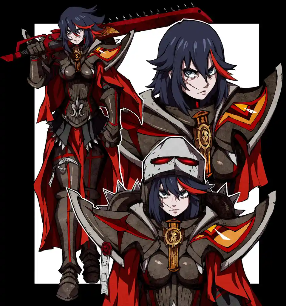 The image shows three anime-style female warriors in dark, red-accented armor, each holding a large weapon and displaying a…