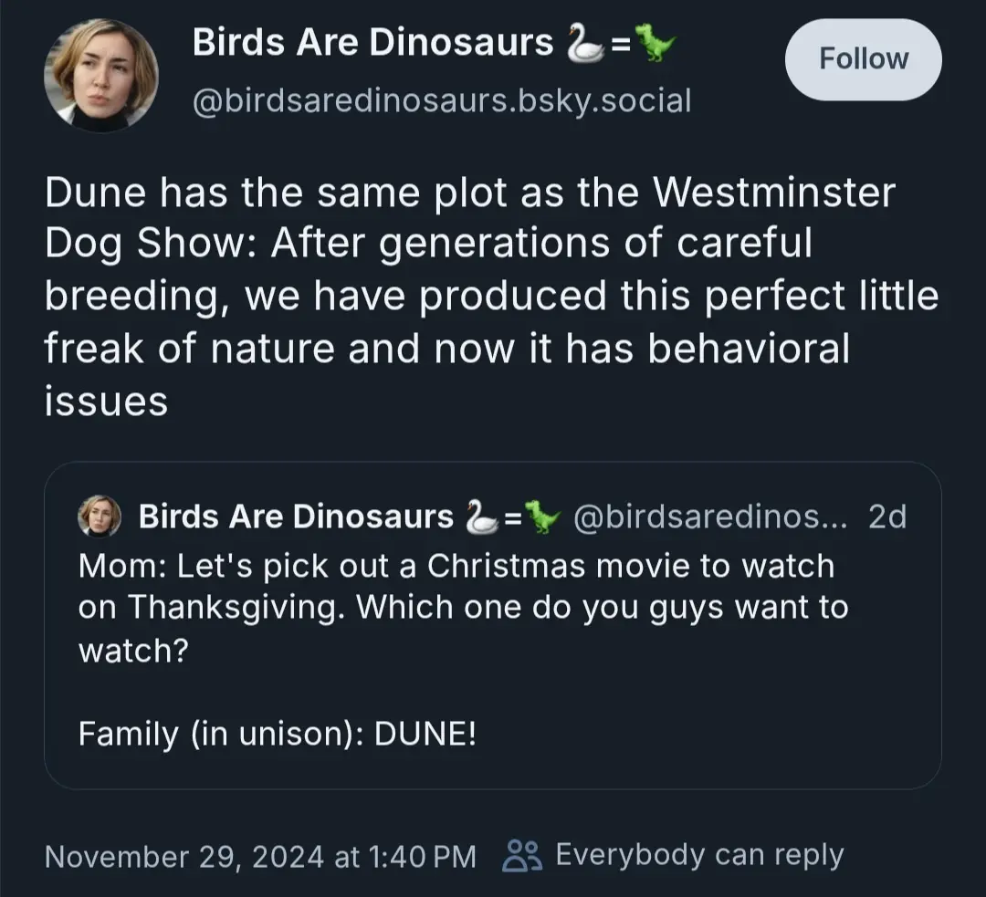 A screenshot of a social media post from 'Birds Are Dinosaurs' comparing the movie 'Dune' to the Westminster Dog Show…