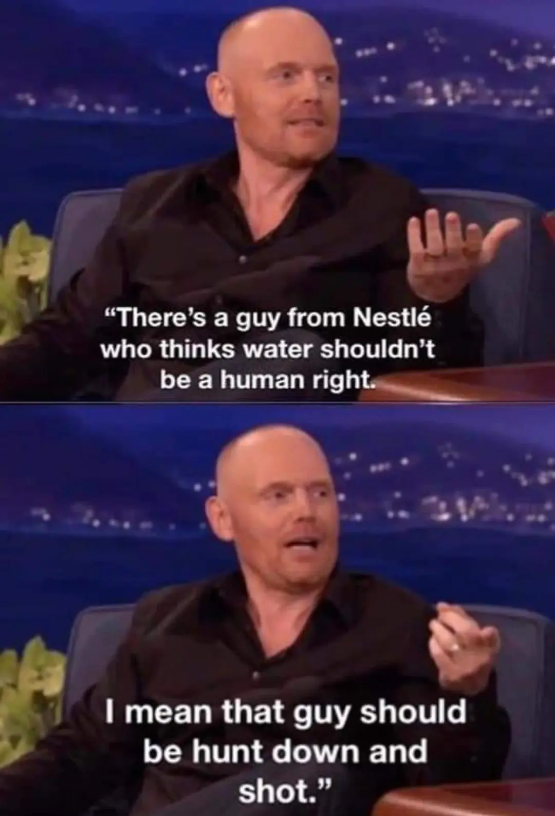 Two-panel image of a bald man in a black shirt on a talk show set, gesturing with his hands. In the top panel, text reads…