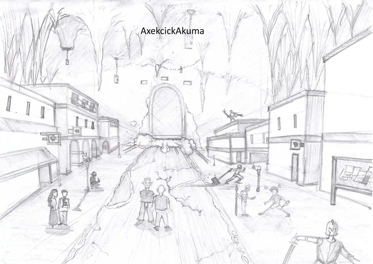 A pencil sketch depicts a surreal, fantasy-themed town street where a giant, glowing, cracked portal erupts from the ground…