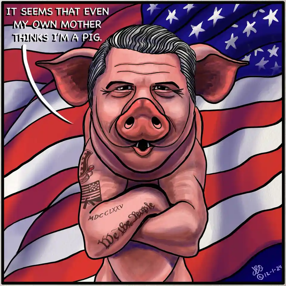 A cartoon illustration depicts a pig with human-like features, including styled gray hair and a confident smirk, standing in…