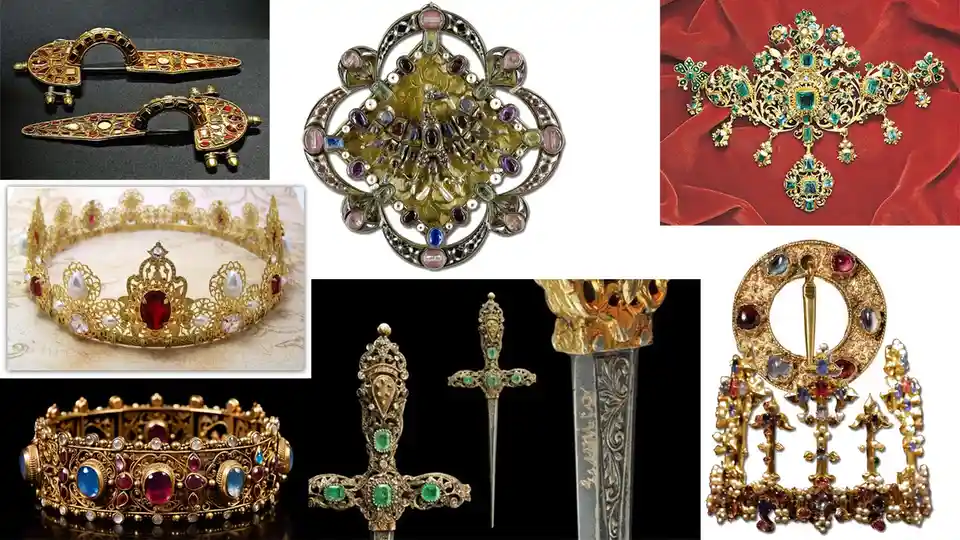 A collage of eight images showcasing ornate, historically valuable royal jewelry and regalia, including jeweled crowns…