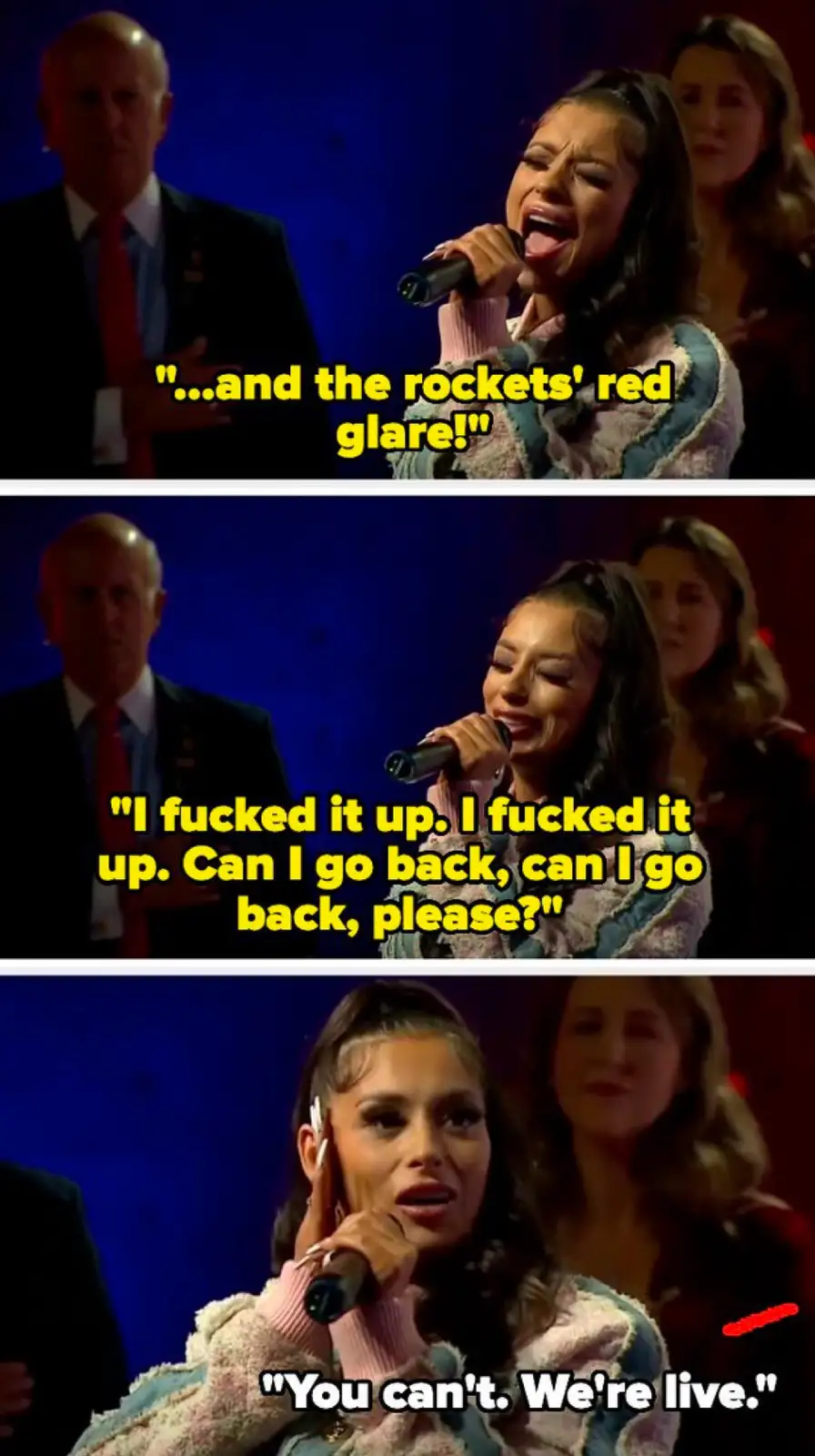 A three-panel meme showing a female singer performing on stage, visibly distressed after mispronouncing or messing up a line…