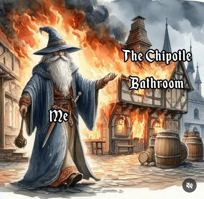 A wizard with a long white beard and blue robe stands in front of a burning medieval-style building labeled 'The Chipotle…