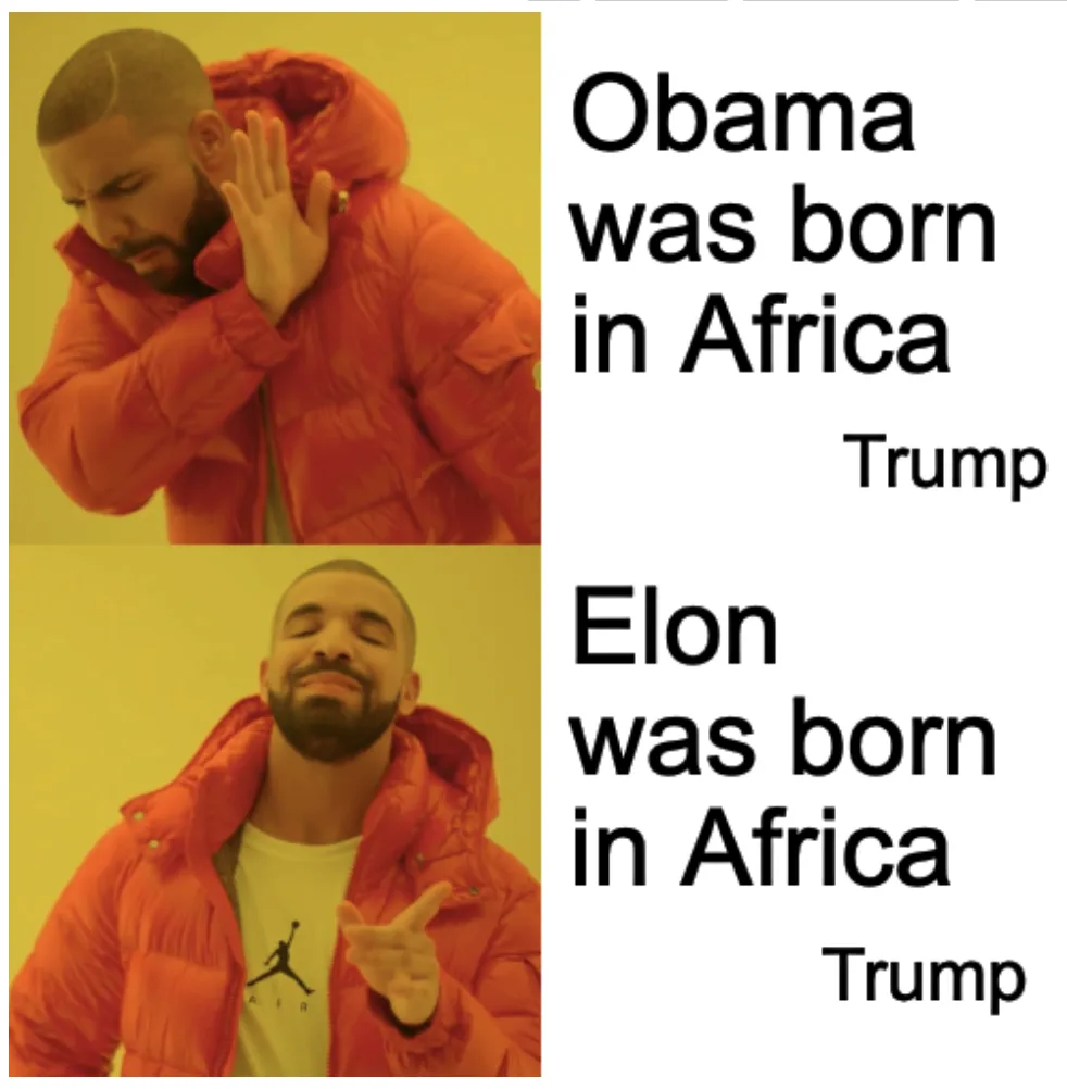 The image shows two panels of Drake in an orange puffer jacket against a yellow background. In the top panel, he covers his…