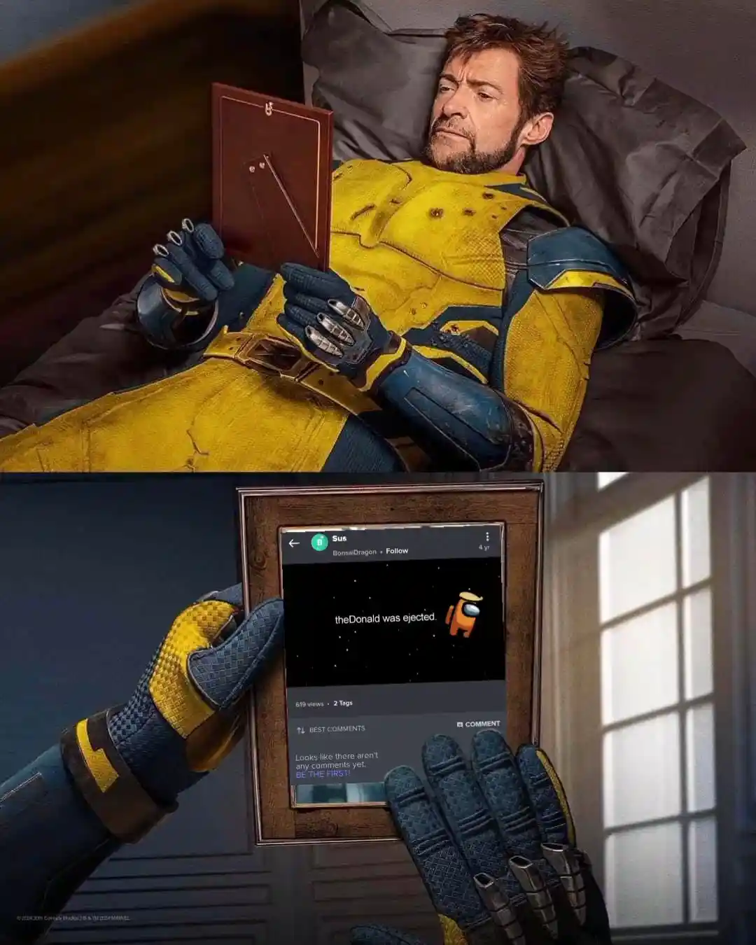 A man in a yellow and blue superhero costume lies in bed holding a framed tablet. The tablet screen displays a social media…