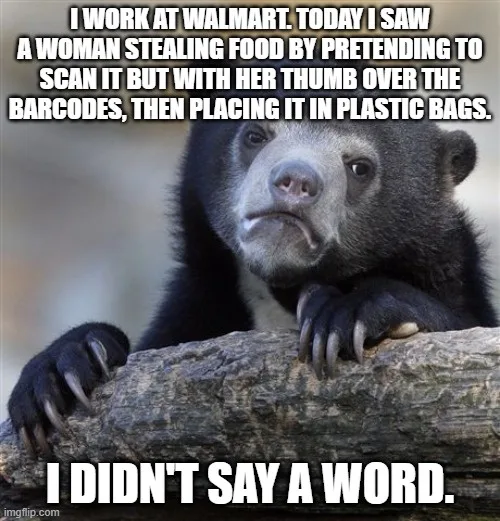 A black bear with a bored, unimpressed expression rests its paws on a log. Overlaid text describes a Walmart employee…