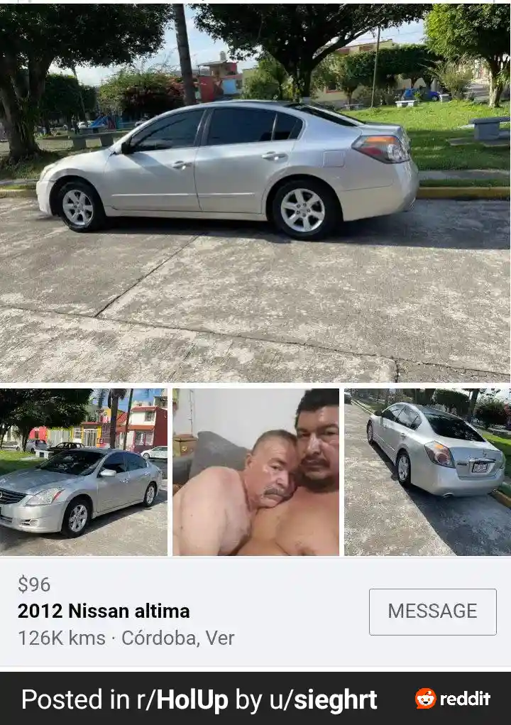 A car listing for a 2012 Nissan Altima at $96 with 126K km, shown in three photos: a side view, a front view, and a rear…