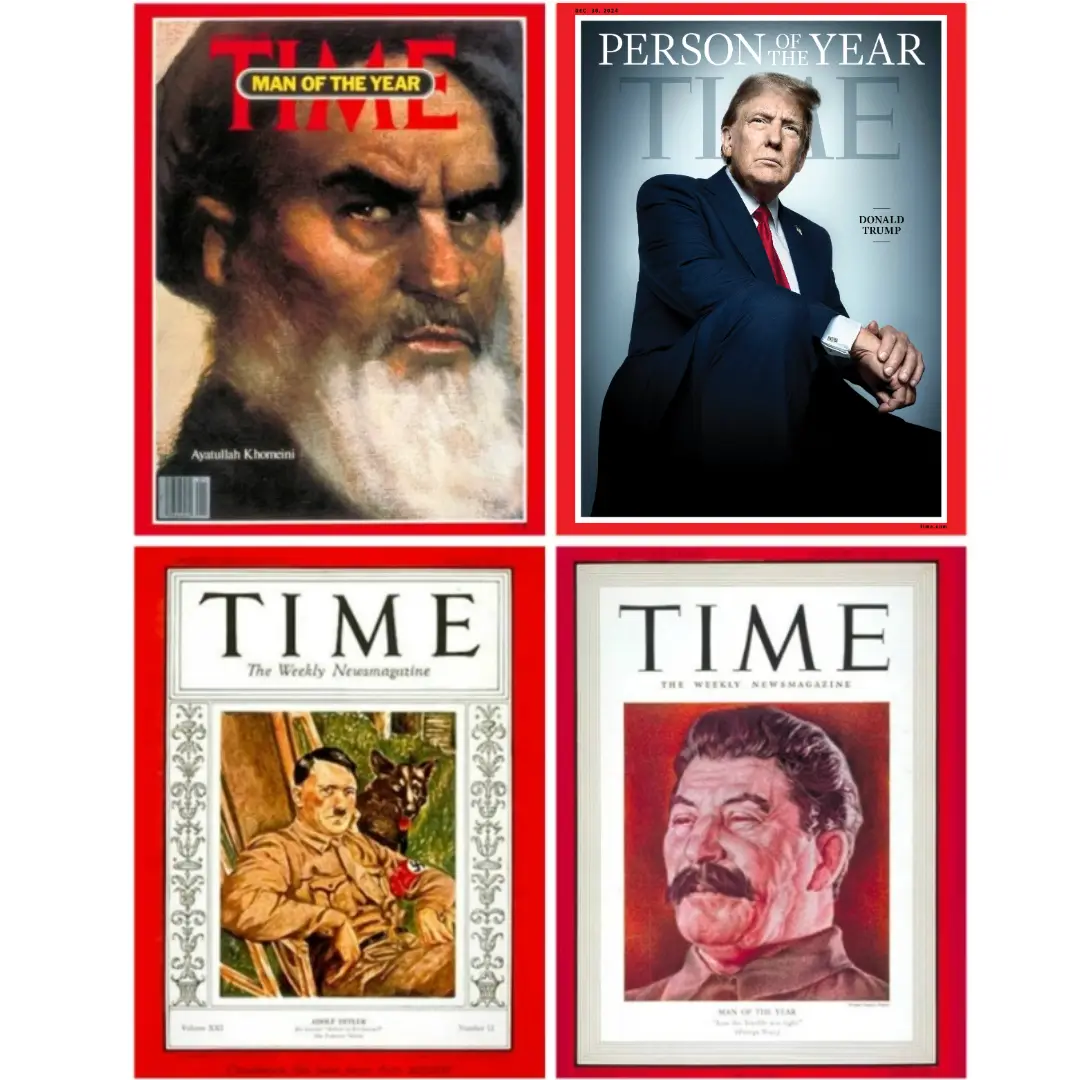 Four TIME magazine covers are displayed in a grid, each featuring a different historical figure as 'Man of the Year'…