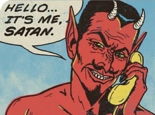A red-skinned devil with horns and pointed ears smiles while holding a yellow telephone receiver to his ear. A speech bubble…