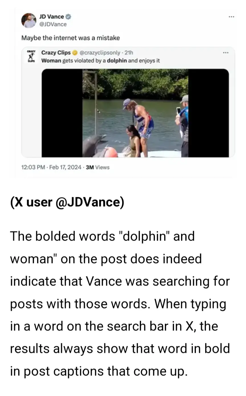A screenshot of a tweet from JD Vance showing a video post titled 'Woman gets violated by a dolphin and enjoys it' featuring…