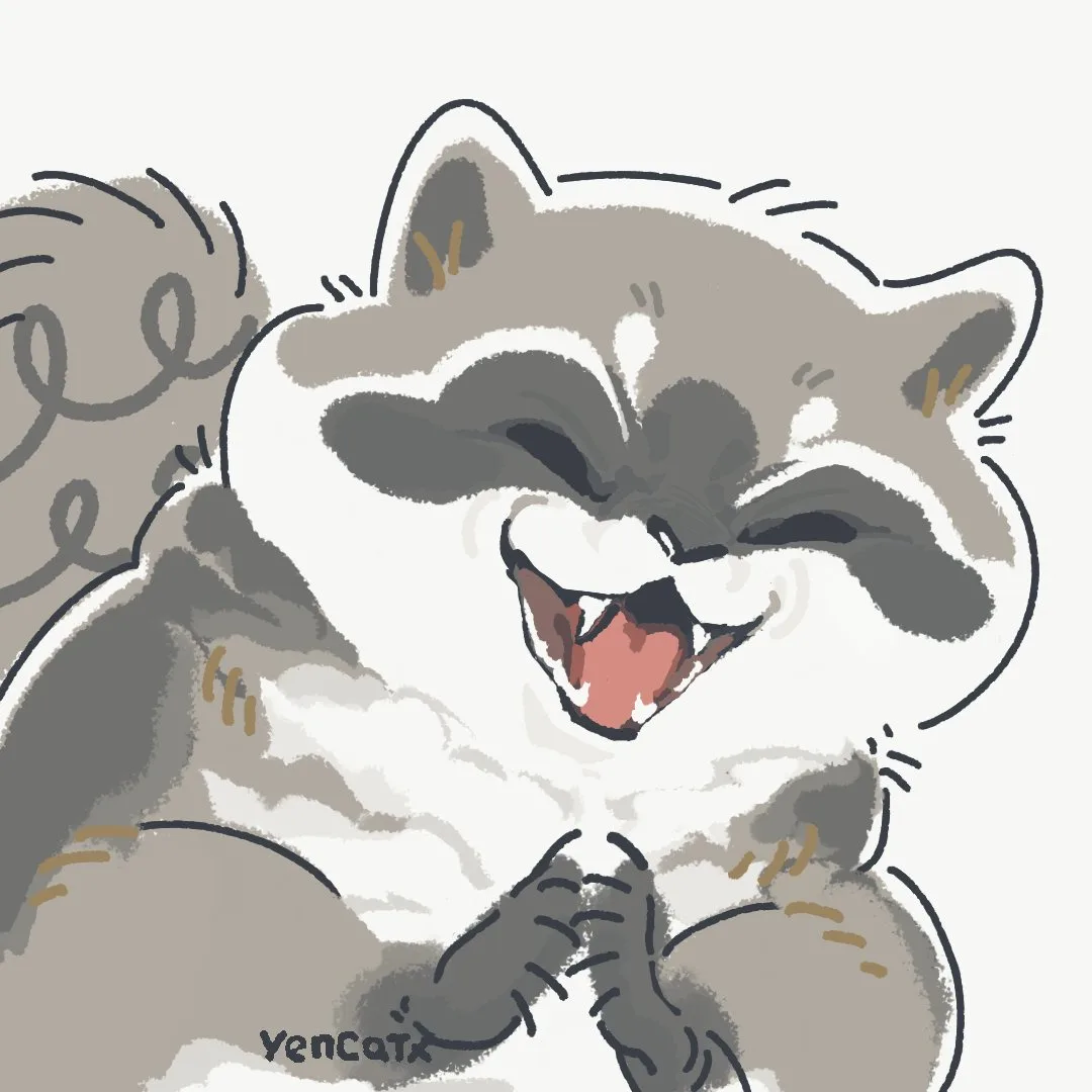 A cartoon raccoon with a wide, toothy grin and closed eyes, appearing very happy or amused, with its paws clasped together…