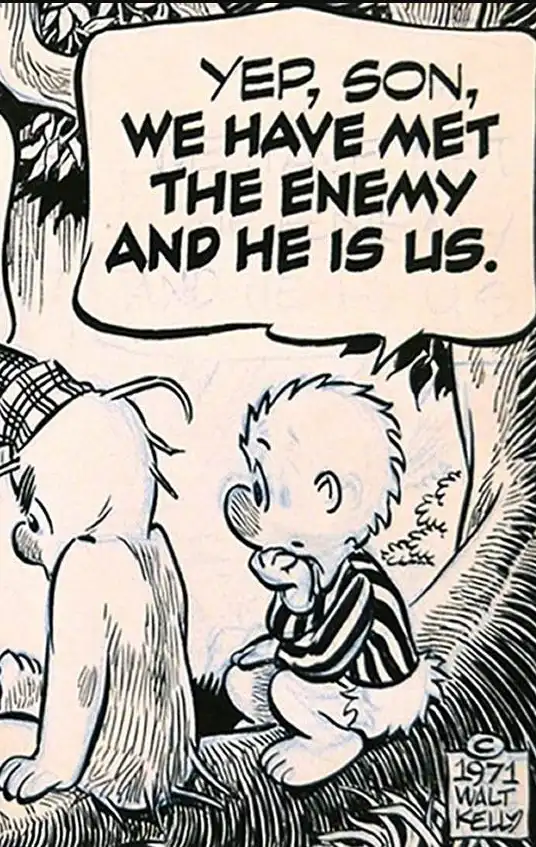 A black-and-white comic panel from 1971 by Walt Kelly shows two cartoon characters, one adult and one child, sitting…