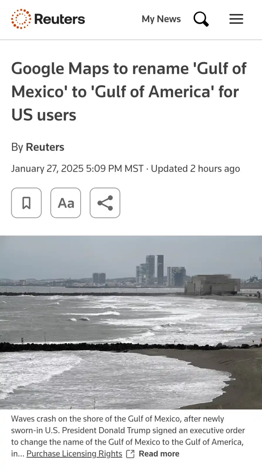 A screenshot of a Reuters news article from January 27, 2025, falsely reporting that Google Maps will rename the 'Gulf of…