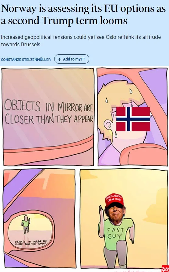 A four-panel comic strip shows a driver with a Norwegian flag over their face, looking panicked at a car mirror. The mirror…