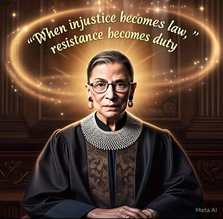 An AI-generated image of Ruth Bader Ginsburg in her judicial robes, set against a golden, starry halo background. The…