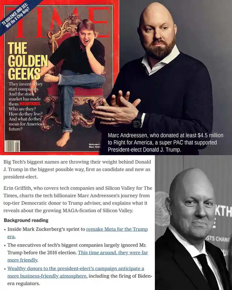 The image juxtaposes a 1996 TIME magazine cover featuring a young Marc Andreessen as part of 'The Golden Geeks' with a…