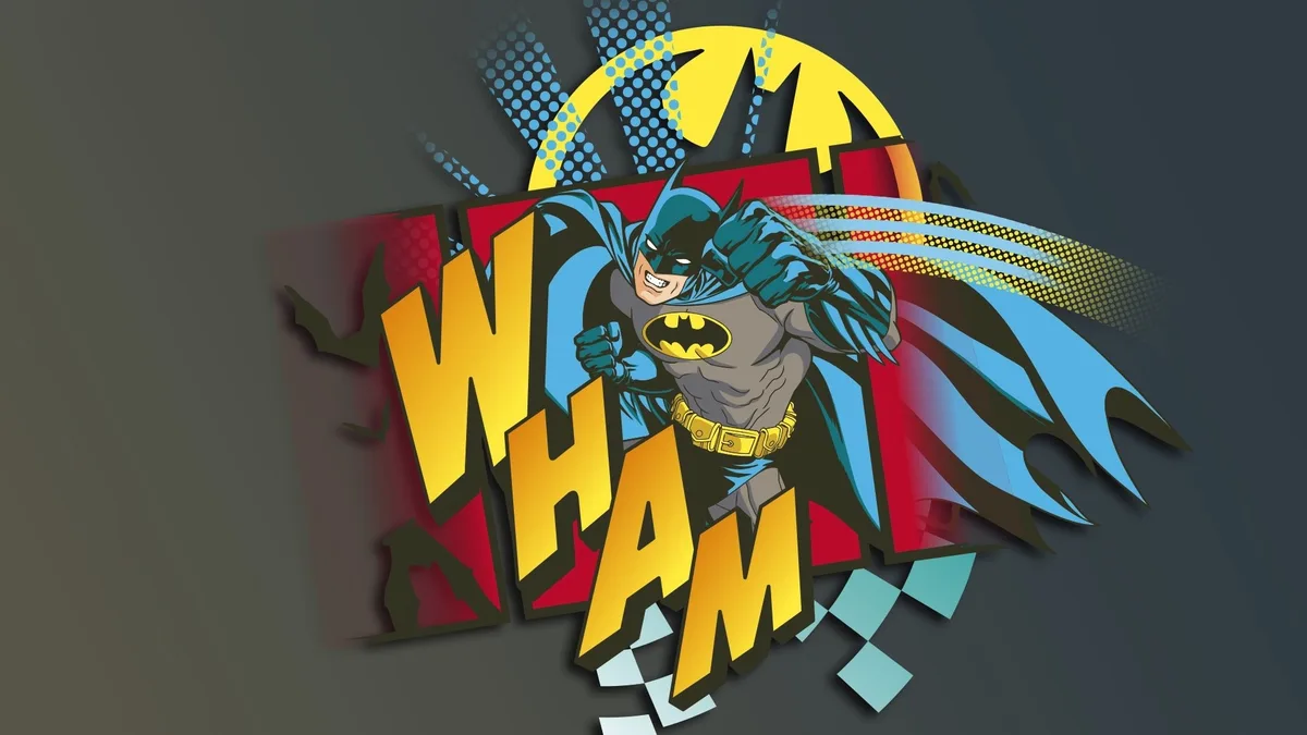 A comic book style illustration shows Batman in a dynamic pose, fist raised, bursting through a stylized red and yellow…