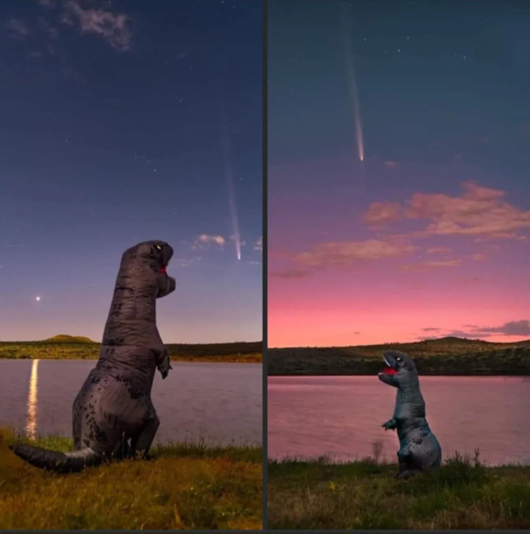 A split image shows a person in a dinosaur costume standing by a lake at dusk. In the left panel, the sky is dark with stars…