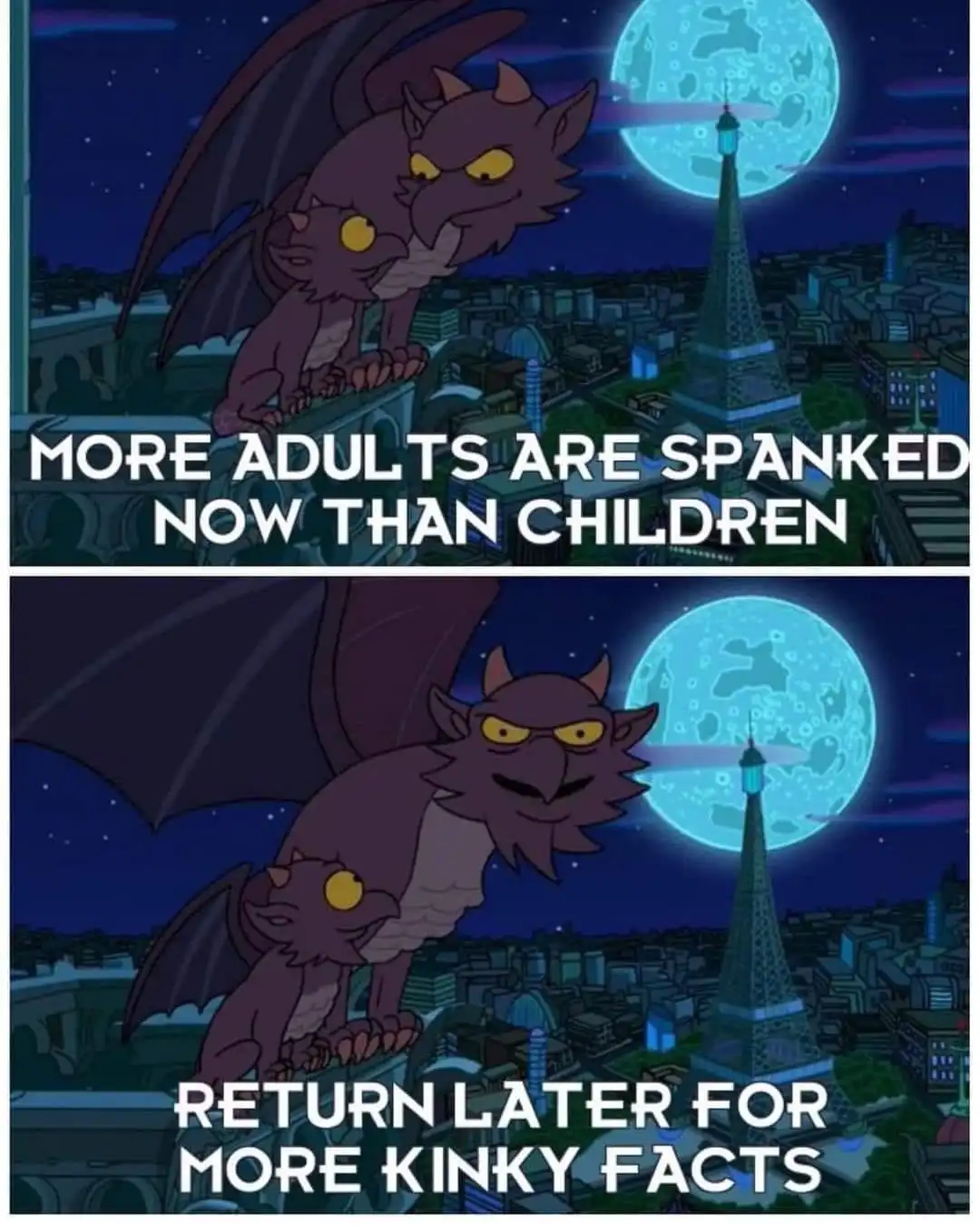 A two-panel meme featuring a cartoon gargoyle perched atop a Parisian building at night, with the Eiffel Tower and a large…