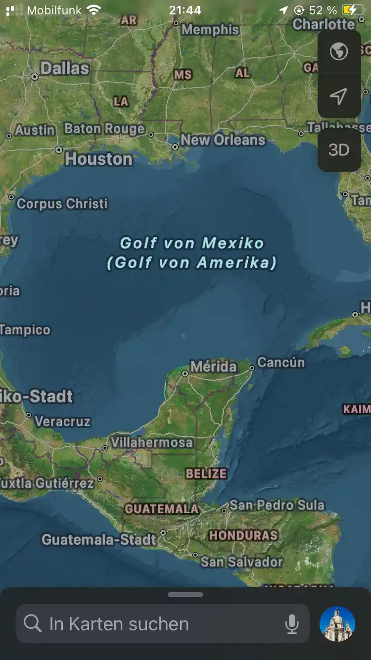 A screenshot of a smartphone map app showing the Gulf of Mexico, with the overlaid German text 'Golf von Mexiko (Golf von…