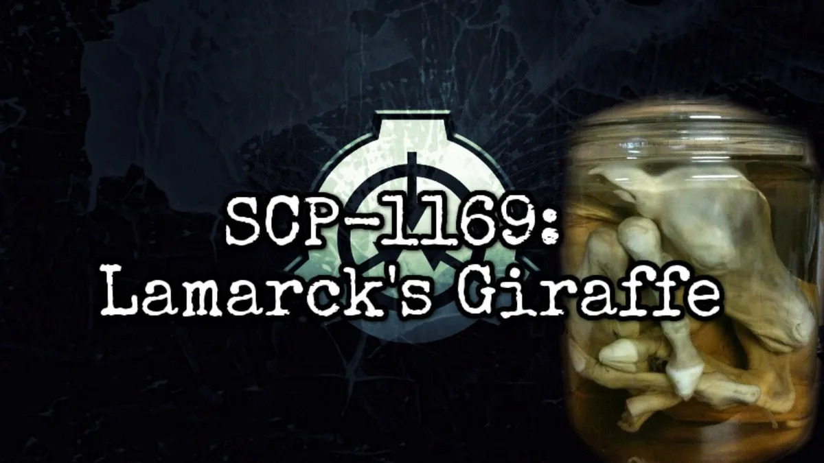 A dark, cracked background features the SCP Foundation logo with overlaid text reading 'SCP-1169: Lamarck's Giraffe'. To the…