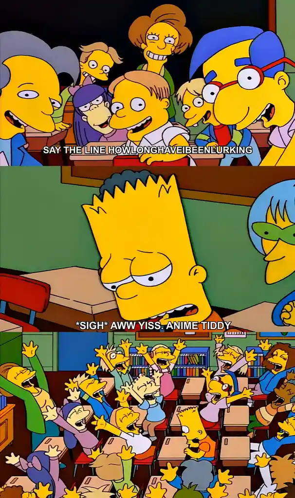 The image is a three-panel meme from The Simpsons. The top panel shows Bart Simpson's classmates excitedly shouting a line…