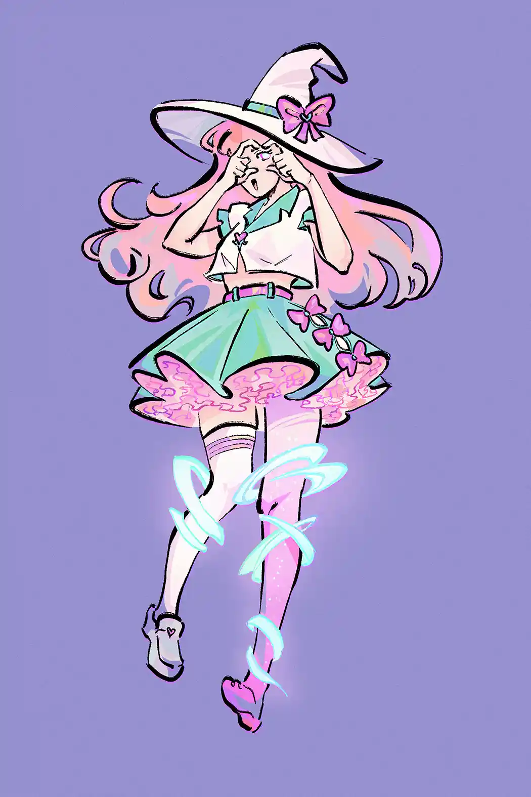 An anime-style girl with long pink hair, wearing a witch hat with a purple bow, a white crop top, and a layered skirt with…